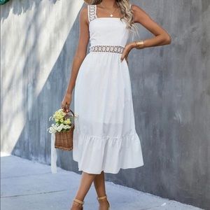 White Lace Trim Ruffle Cami Dress
